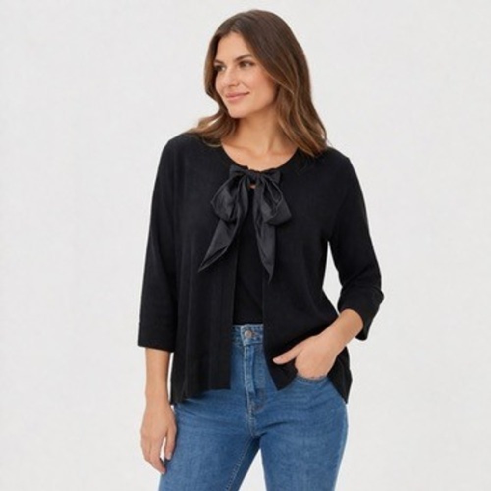 DKNY Black 100% Tussah Silk Bow Front Cardigan‎ Sweater Womens Size M/L